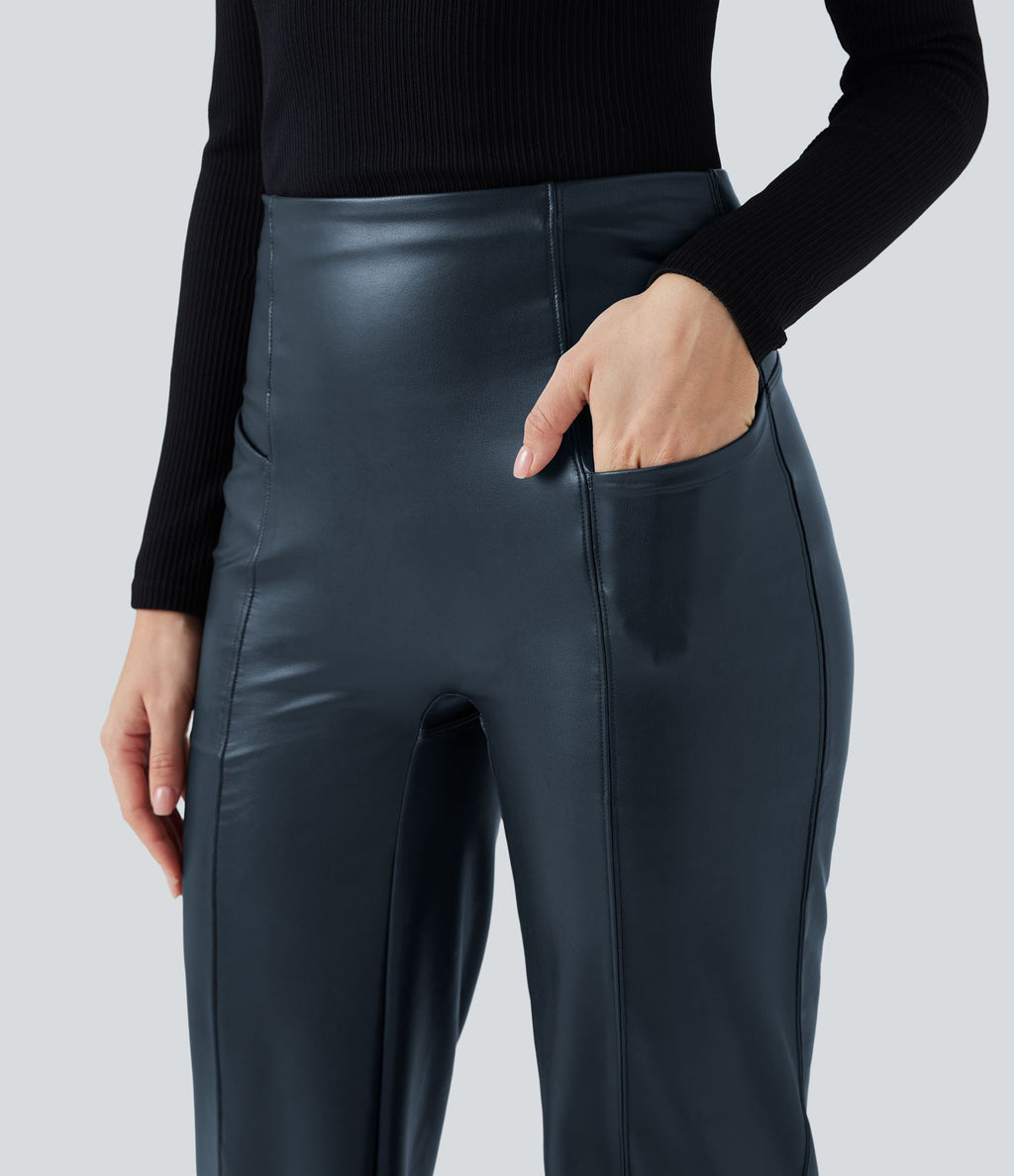 Pantalon similicuir évasé gainant taille haute stretch avec poches