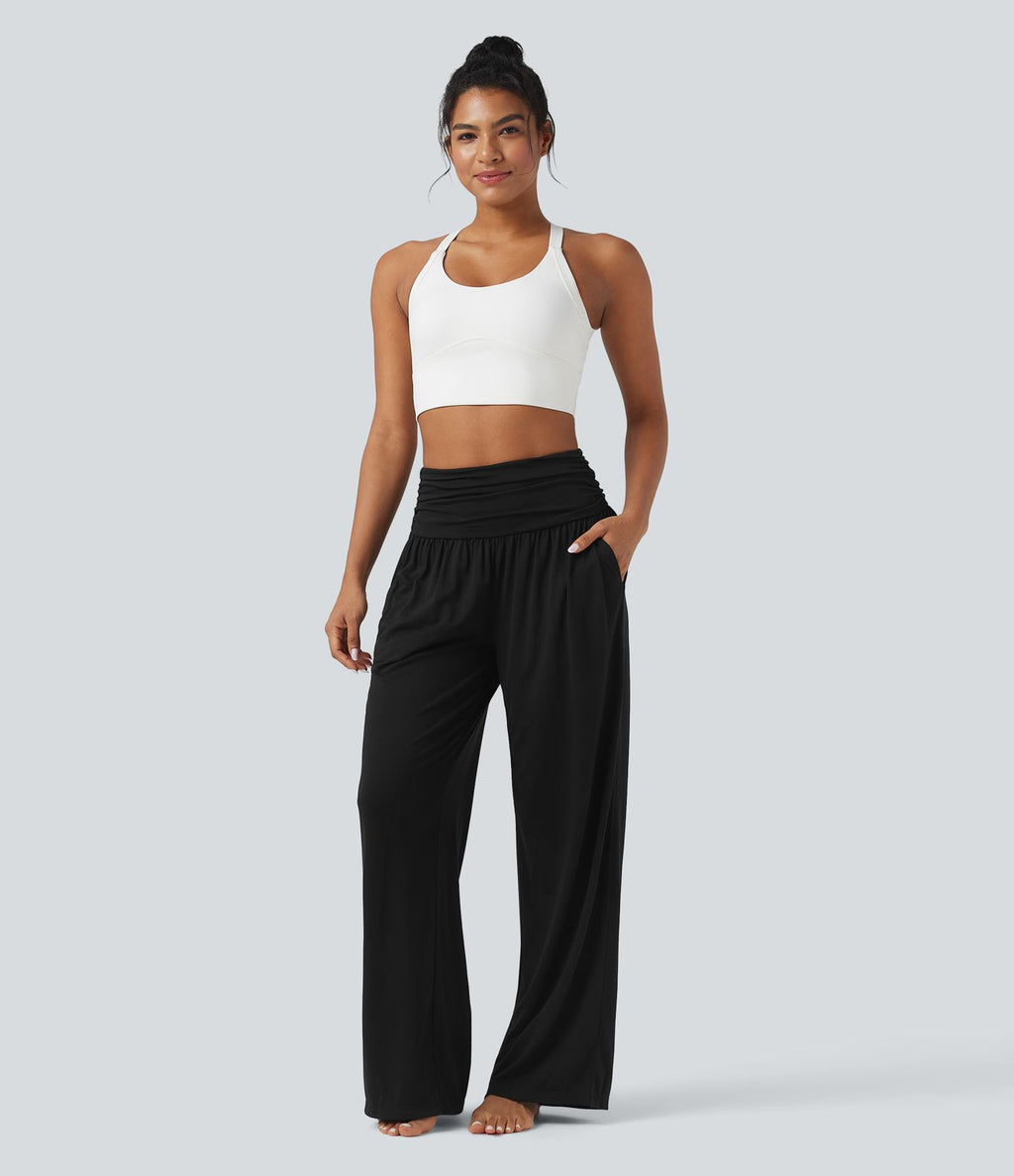 Pantalon de yoga large froncé chiné taille haute avec poches