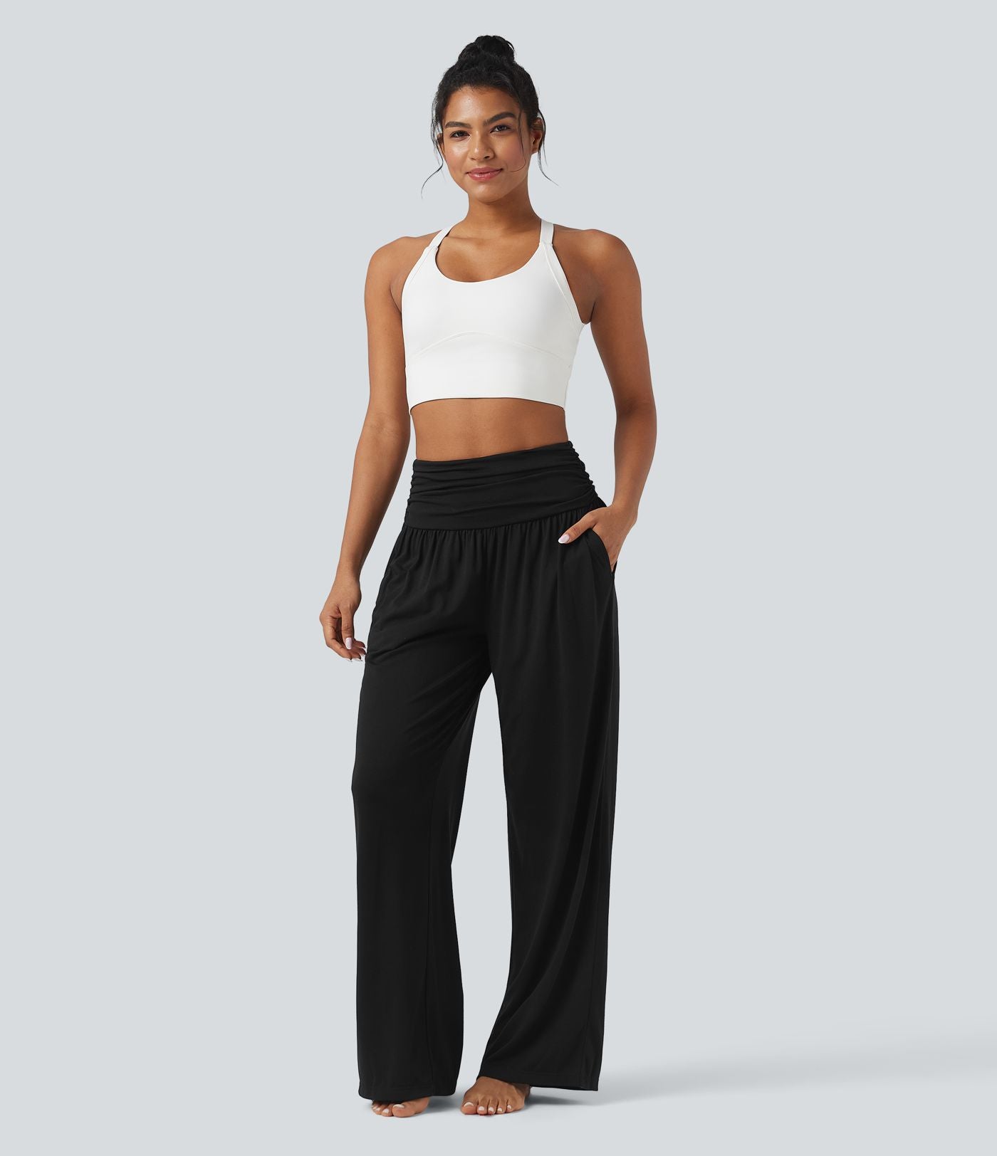 Pantalon de yoga large froncé chiné taille haute avec poches