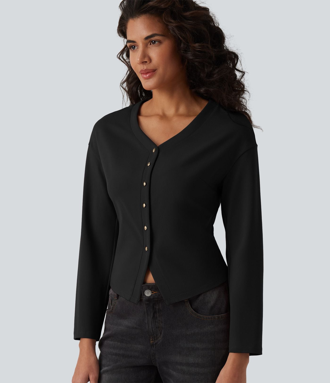 Haut casual col V manches longues avec boutons