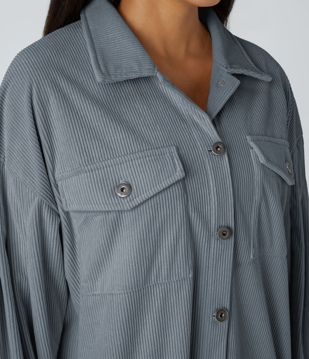 Veste Casual en Velours Côtelé à Col Boutonné Poches et Manches Longues Ourlet Courbé