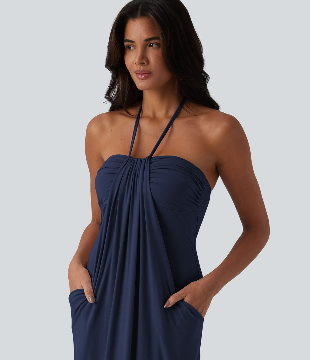 Robe longue dos nu col licou avec nœud et poches