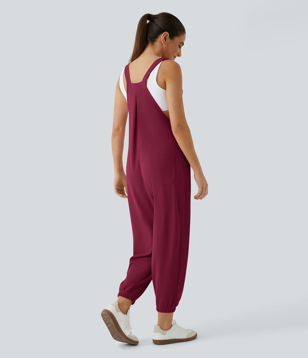 Salopette Casual Bretelles Ajustables Boutonnés Multiples Poches Plis et Tissu Gaufré