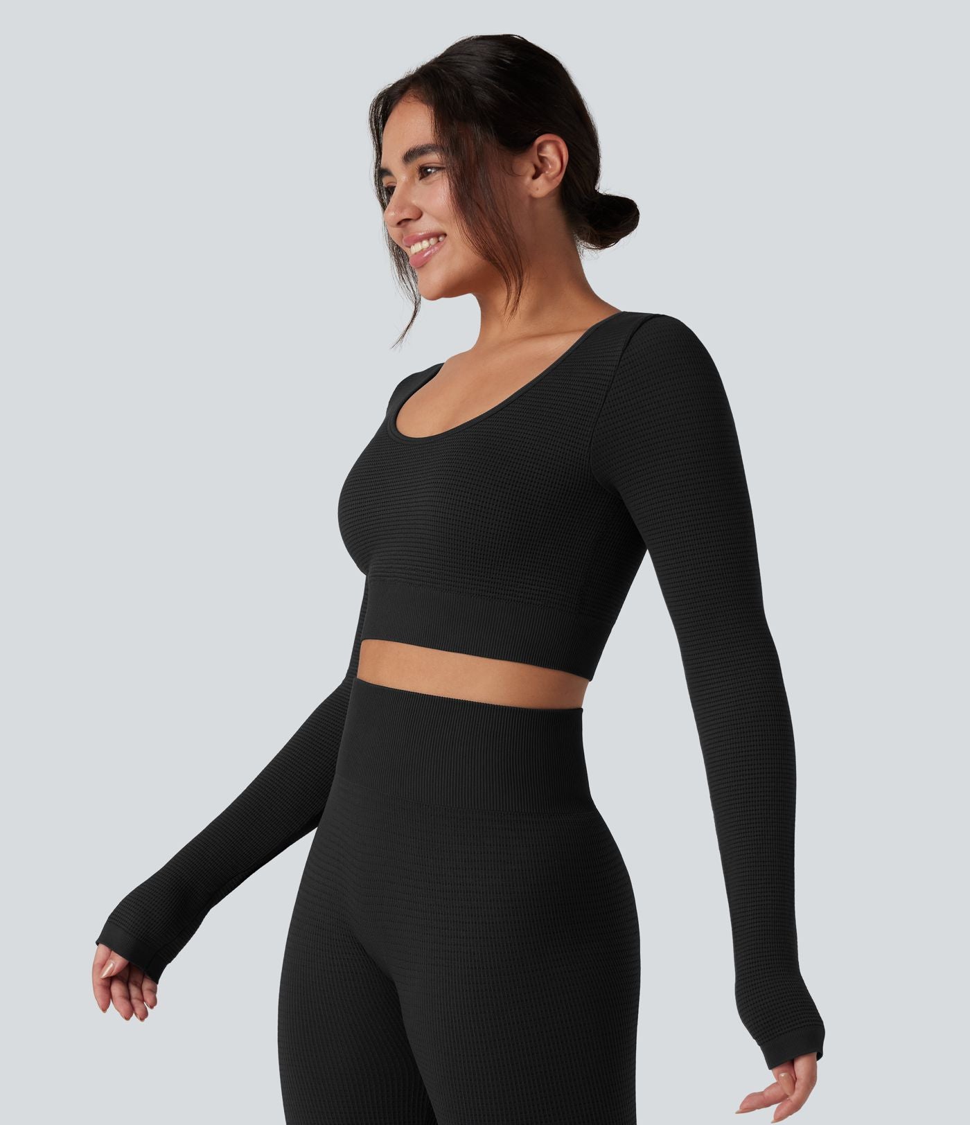 Haut de sport yoga court en maille gaufrée à manches longues sans couture OneForm Seamless Flow
