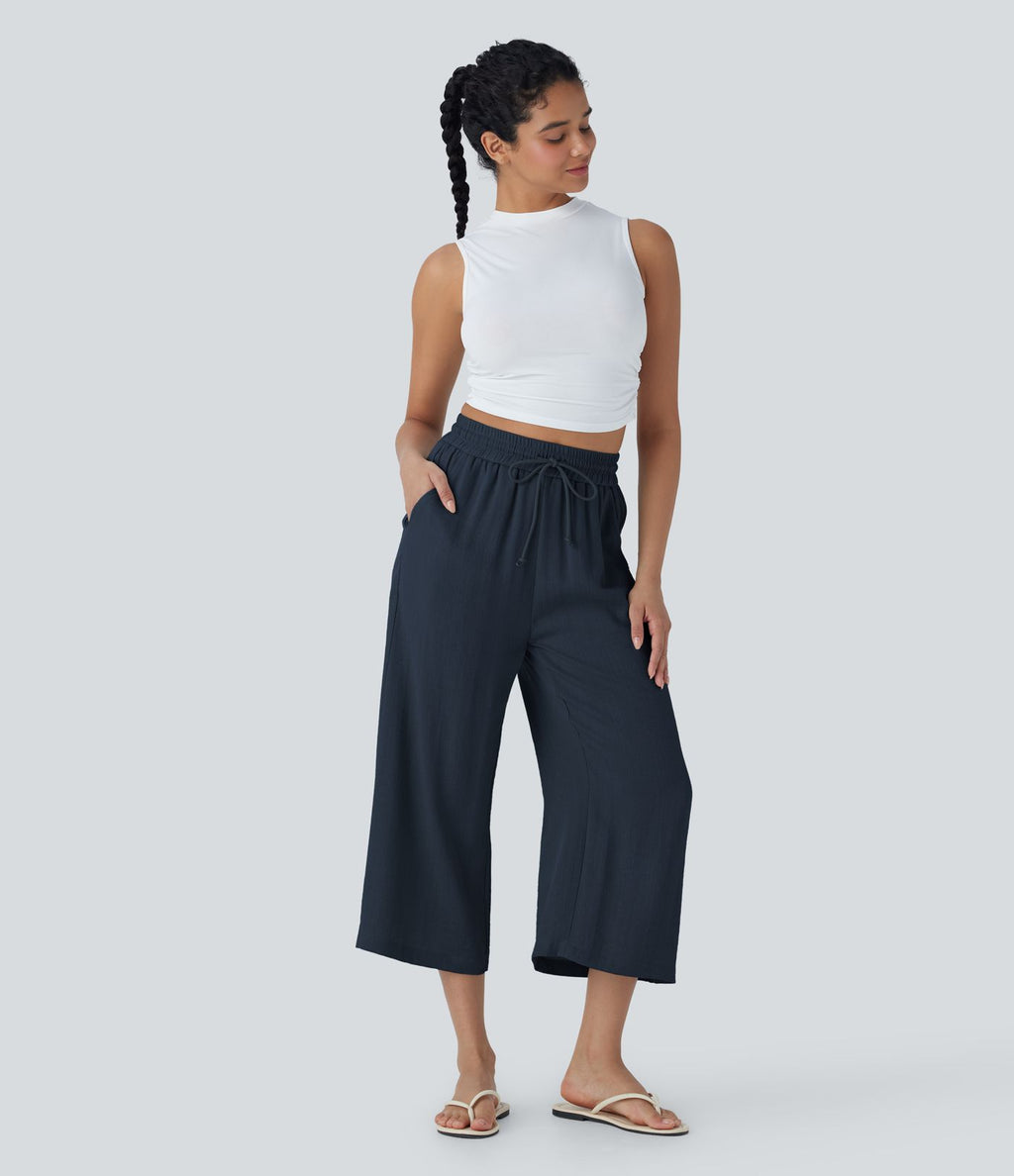 Pantalon décontracté aspect lin 7/8 à taille haute, jambe large avec cordon de serrage et poches latérales