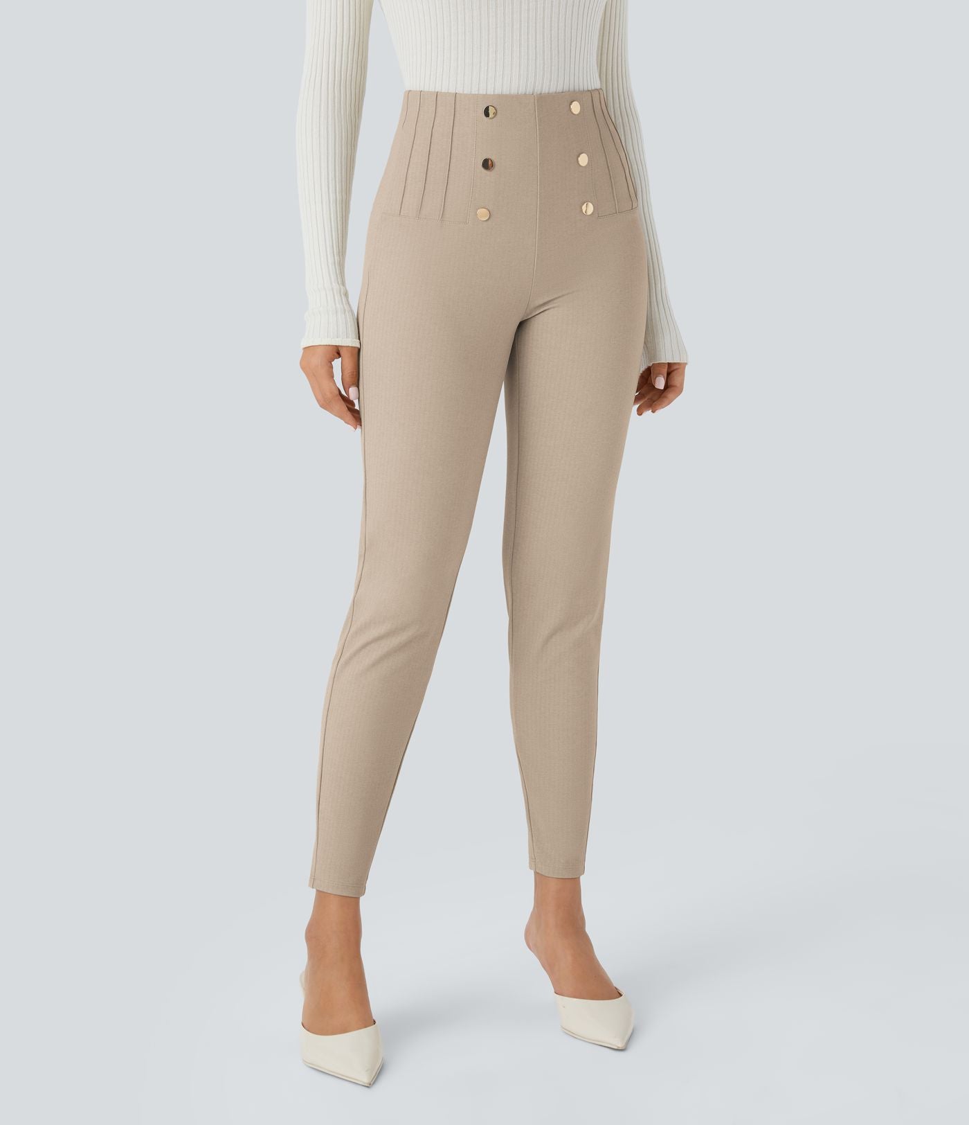 Pantalon tailleur skinny gainant taille haute à chevrons avec poches arrière zippées décoratives