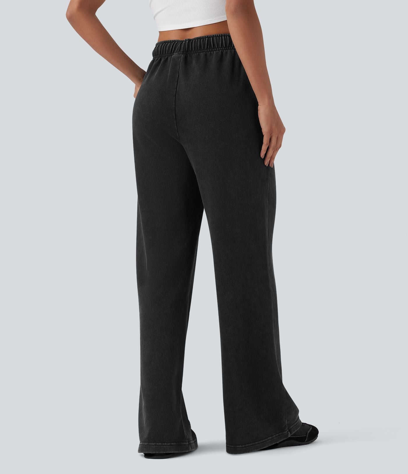Pantalon jogging en coton molleton français délavé taille haute avec cordon de serrage et poches