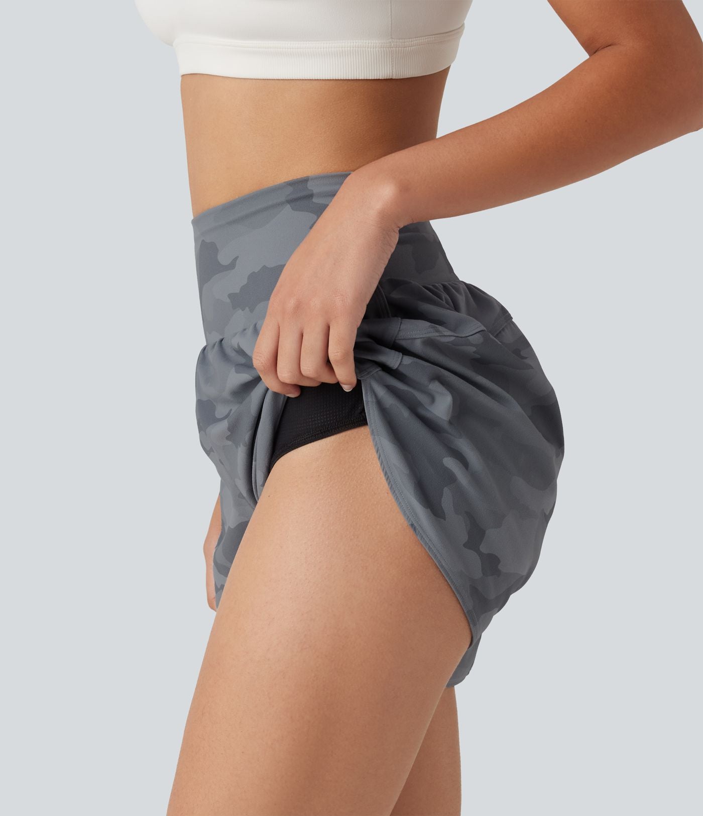Short de running 2 en 1 Halara UltraSculpt™ gainant imprimé camouflage, taille haute, ourlet incurvé, 10 cm, avec poche