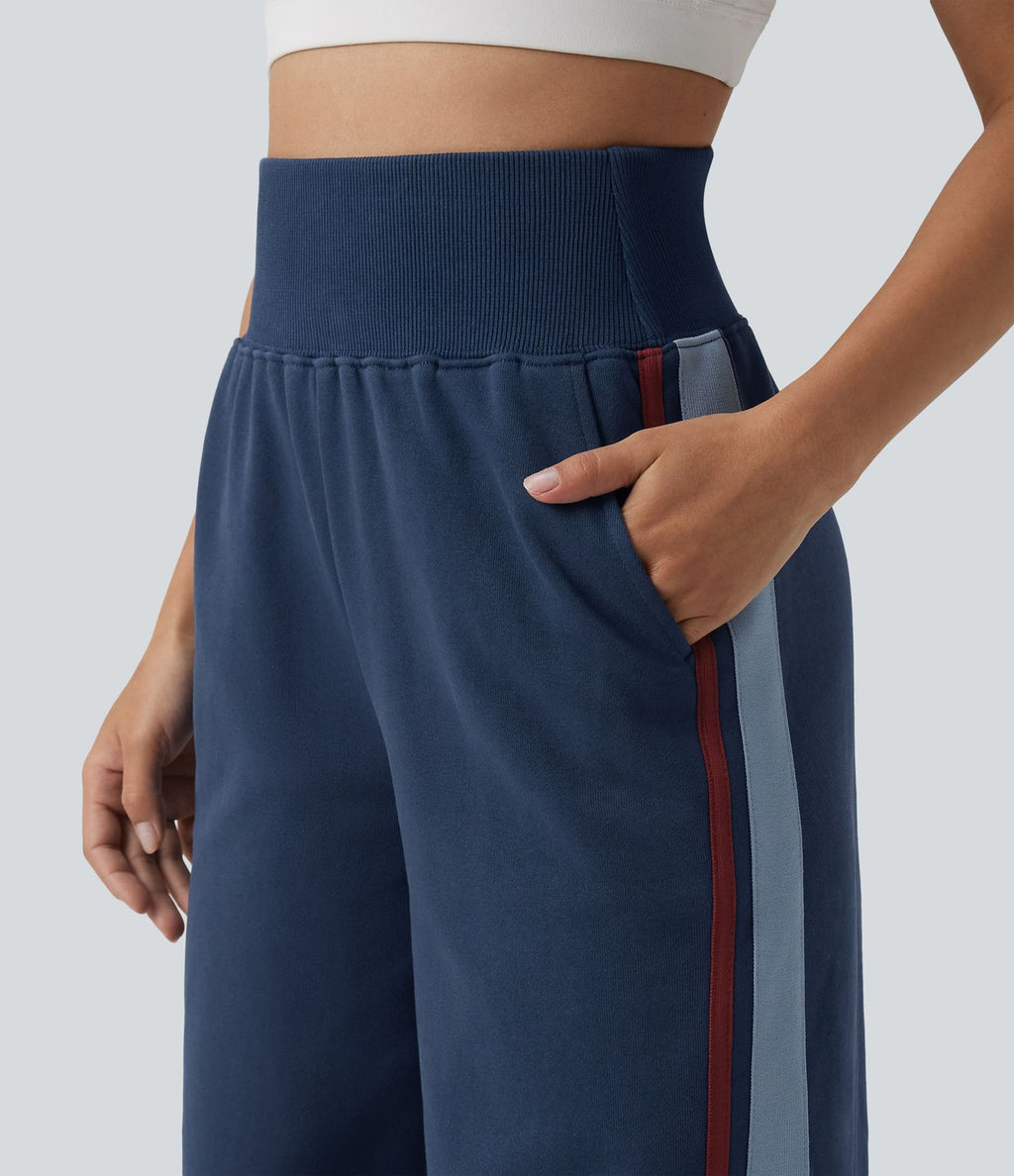 Pantalon de jogging casual coton large gainant à rayures taille haute avec poches