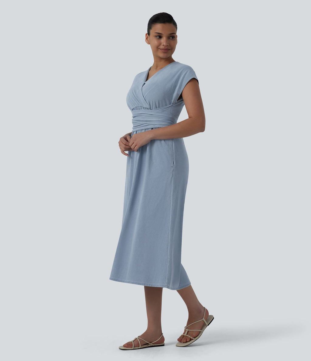 Robe mi-longue casual denim Halara Flex™ col V manches courtes avec nœud au dos et poches