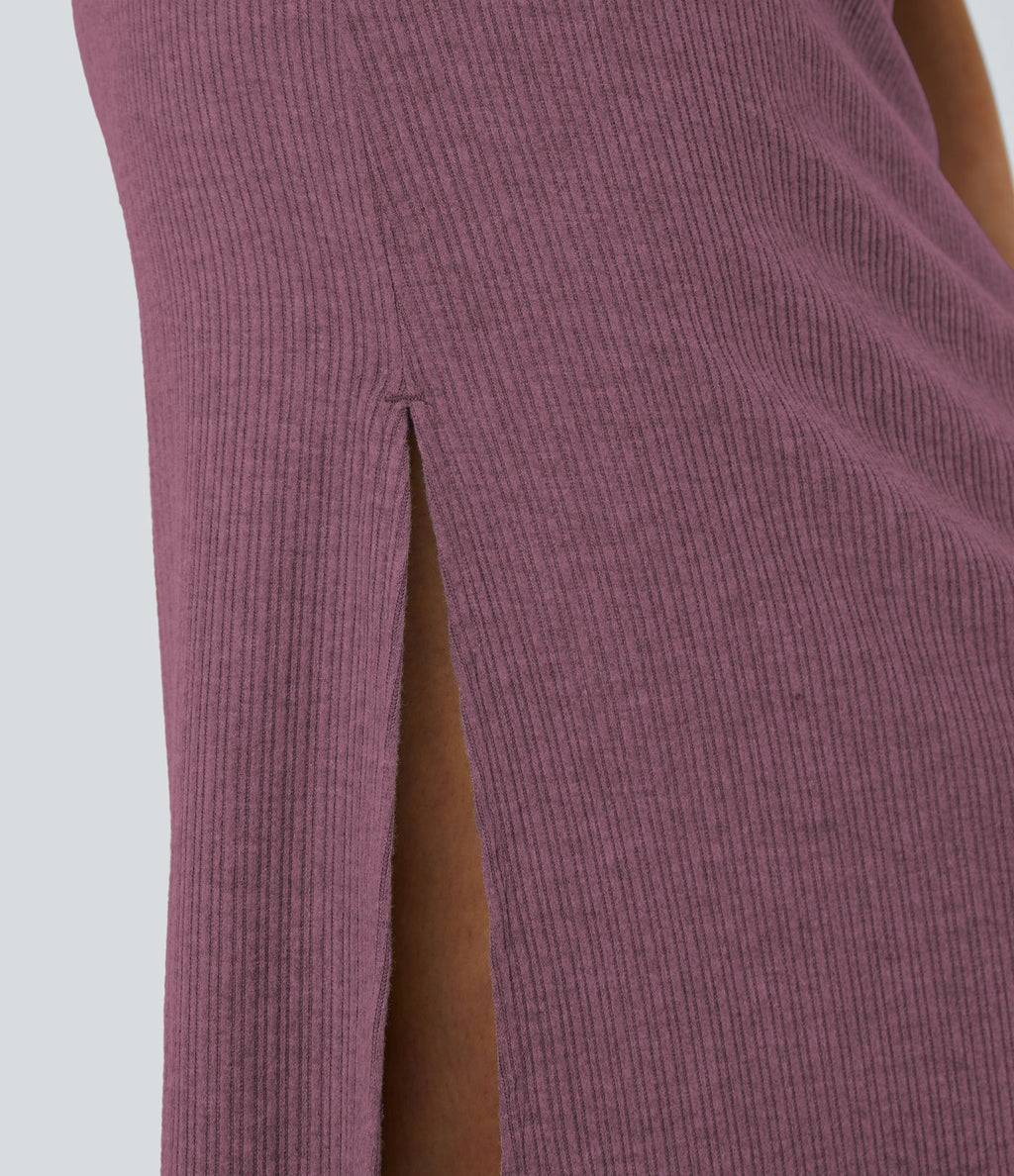 Jupe Casual Maxi à Taille Haute et Ourlet Fendu en A-Line en Côtes