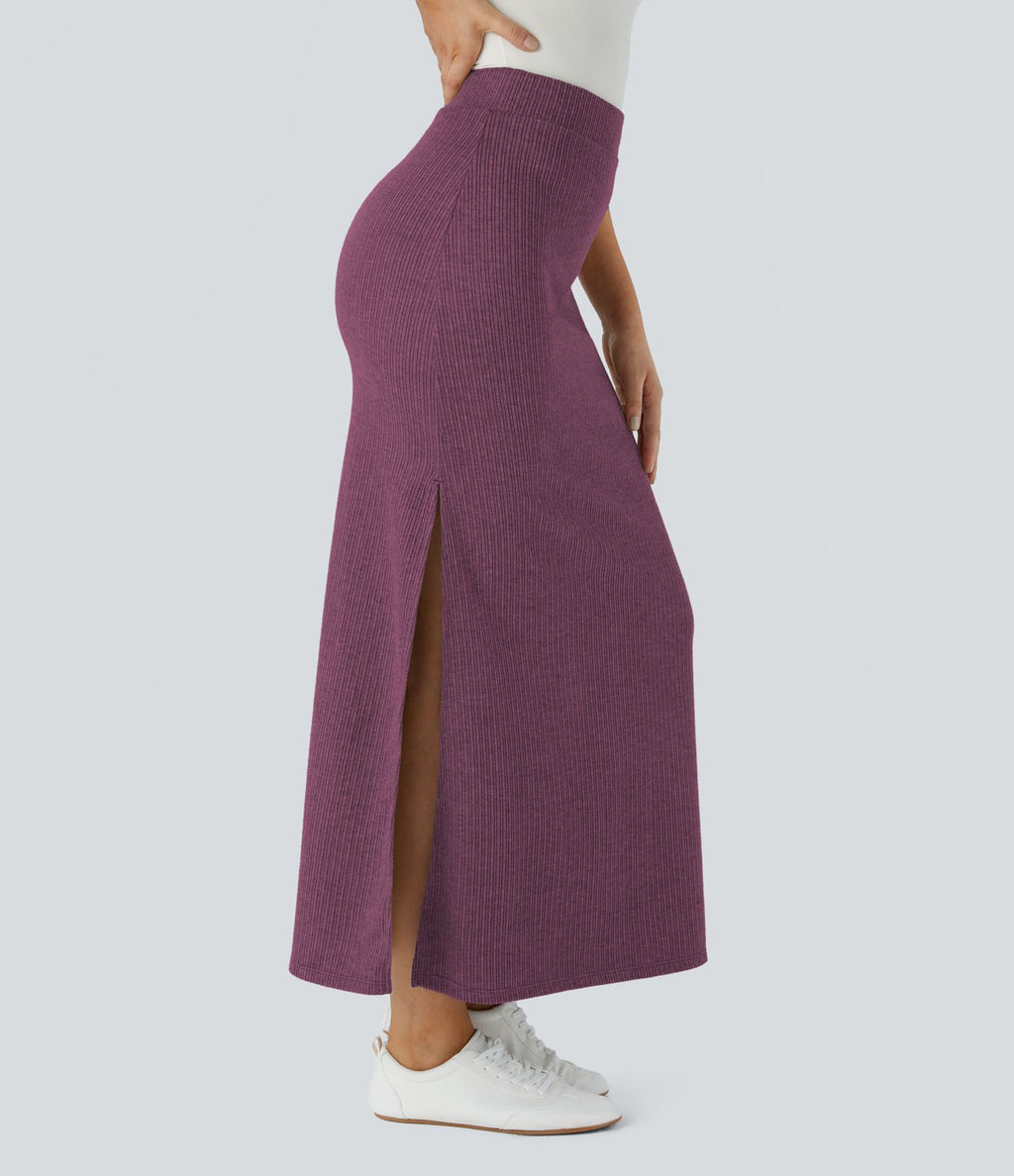 Jupe Casual Maxi à Taille Haute et Ourlet Fendu en A-Line en Côtes