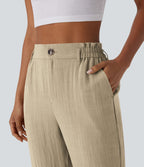 Pantalon capri effet lin taille haute avec poches zippées