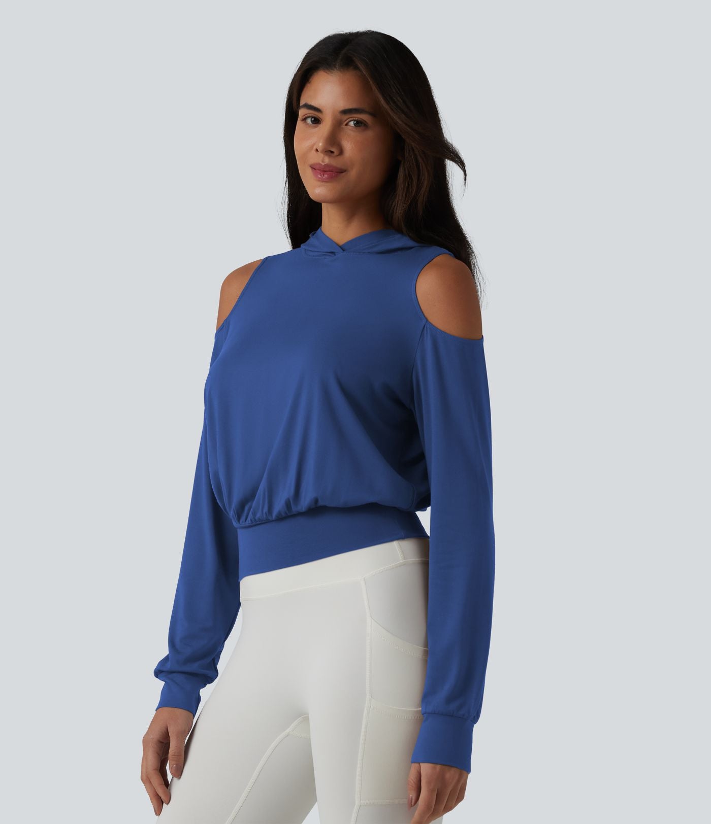Sweat-shirt de sport à capuche épaules dénudées manches longues