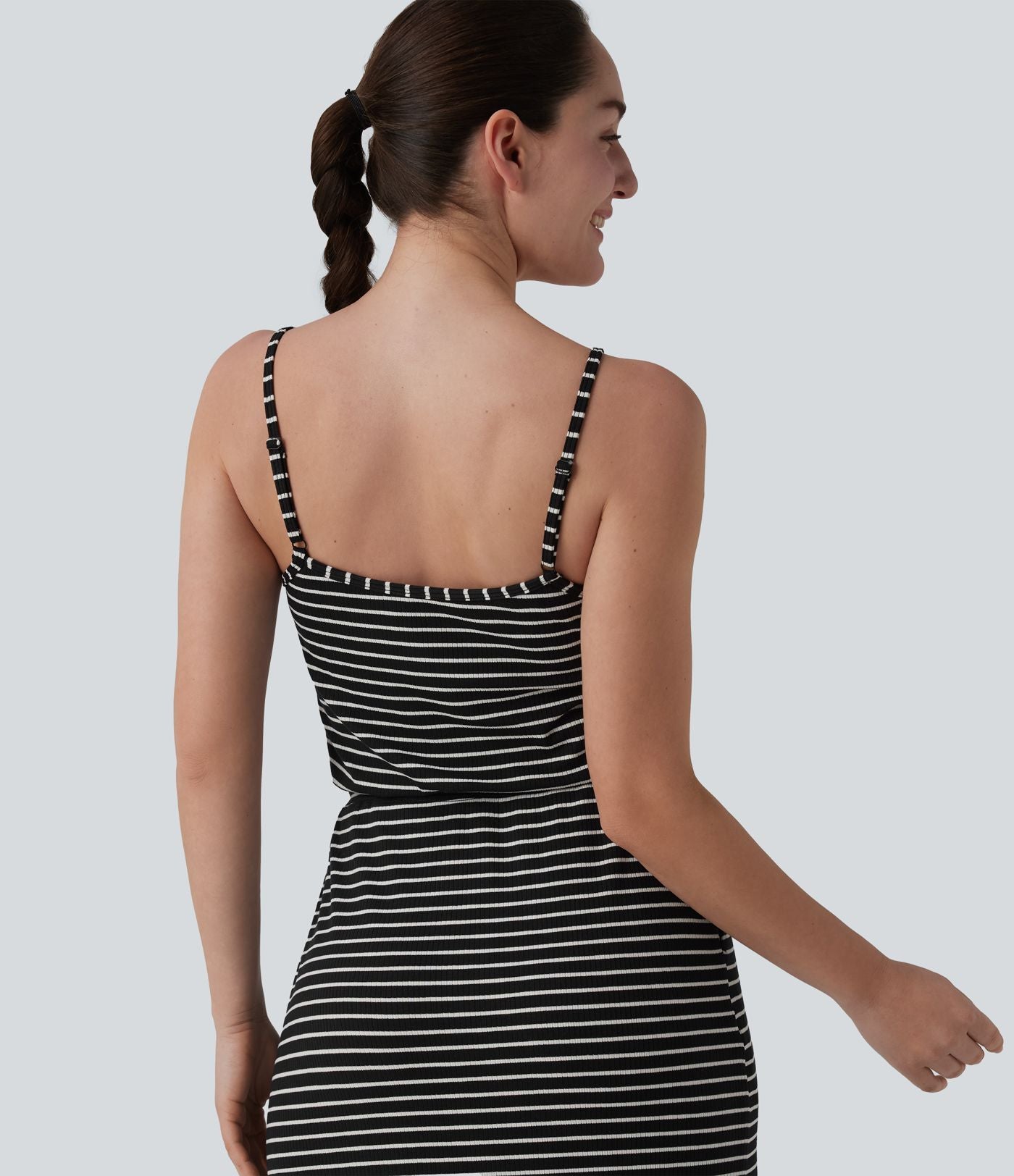 Robe décontractée midi rayée avec brassière intégrée cordon de serrage et poches