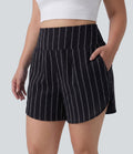 Short rayé grande taille taille haute avec ourlet arrondi et poches