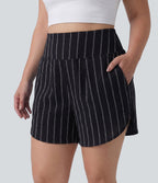 Short rayé grande taille taille haute avec ourlet arrondi et poches