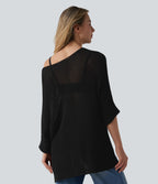 Pull décontracté oversize asymétrique demi-manches ourlet fendu avec poche