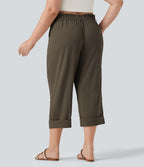 Pantalon de villégiature capri effet lin, grande taille, taille haute, avec poches