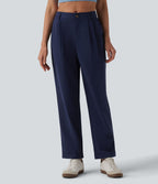 Pantalon casual fuselé 7/8 taille mi-haute plissé en popeline extensible à ourlet retroussé avec poches