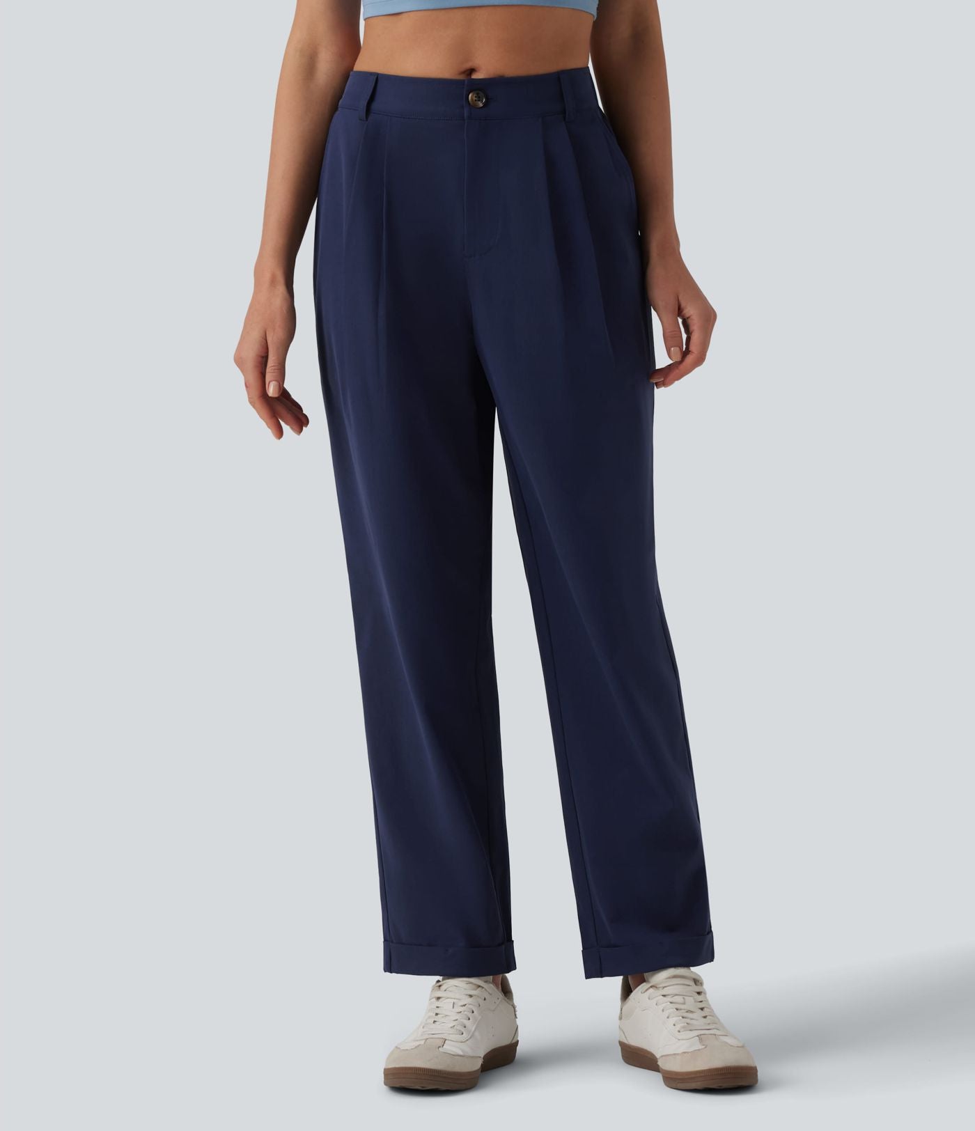 Pantalon casual fuselé 7/8 taille mi-haute plissé en popeline extensible à ourlet retroussé avec poches