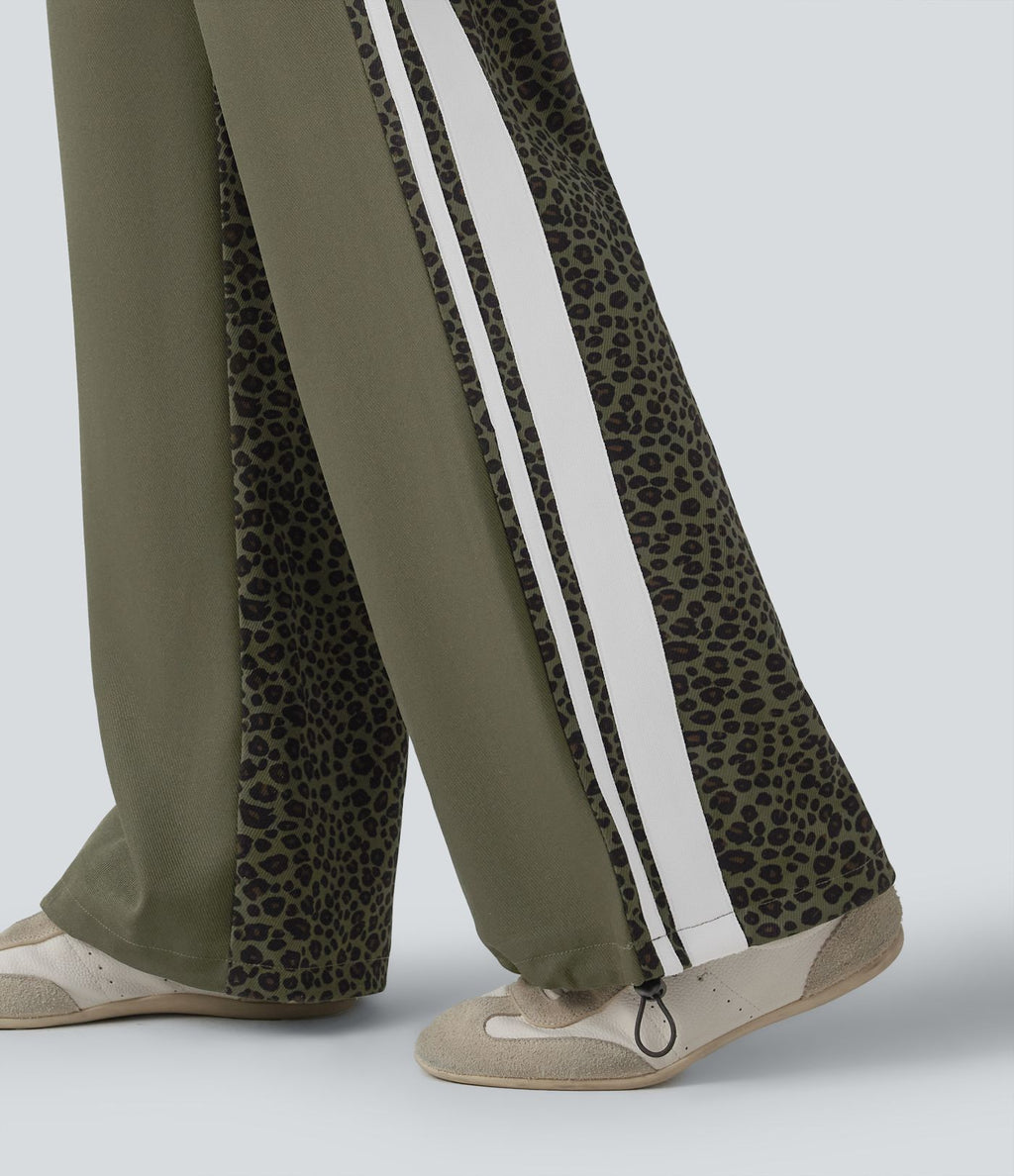 Pantalon ample décontracté taille mi-haute avec cordon de serrage color block rayures léopard contrastant avec poches