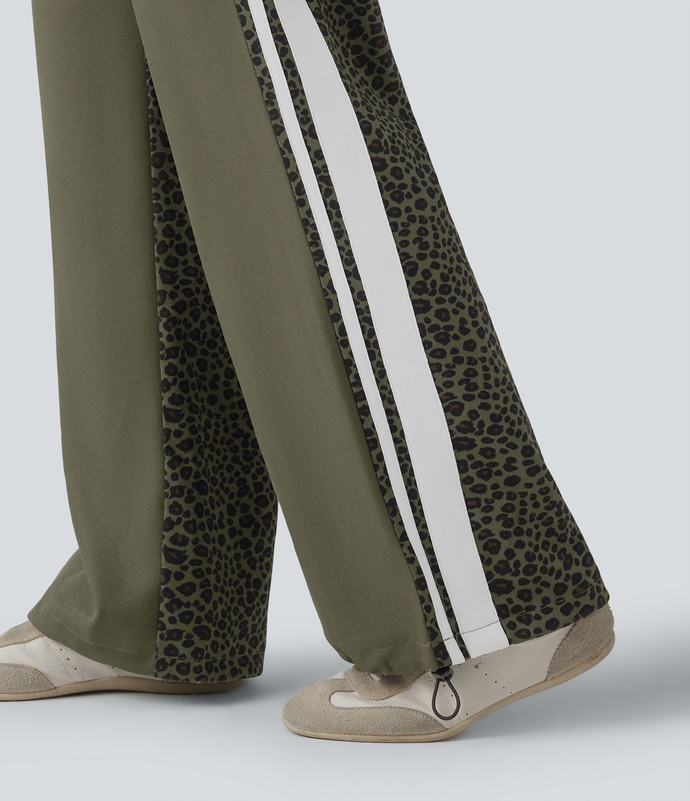 Pantalon ample décontracté taille mi-haute avec cordon de serrage color block rayures léopard contrastant avec poches