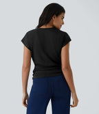 Blouse Travail Unie Froncée Croisée Manches Courtes Col en V