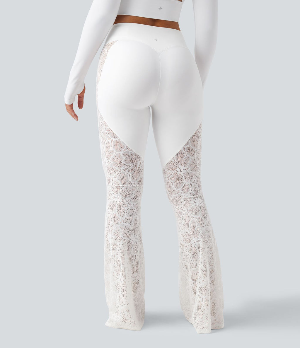 Pantalon de yoga évasé gainant taille haute avec dentelle contrastée et poche Halara UltraSculpt™