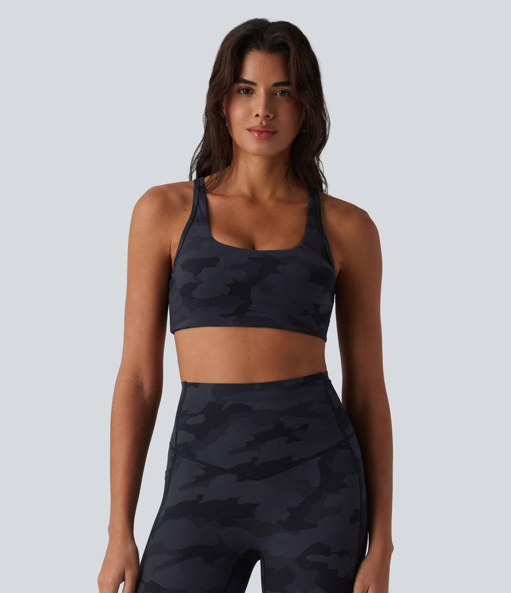 Halara UltraSculpt™ Brassière de sport yoga maintien léger col U à découpes imprimé camouflage