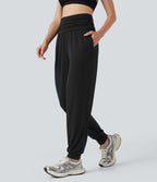 Jogging taille haute froncé chiné avec poches