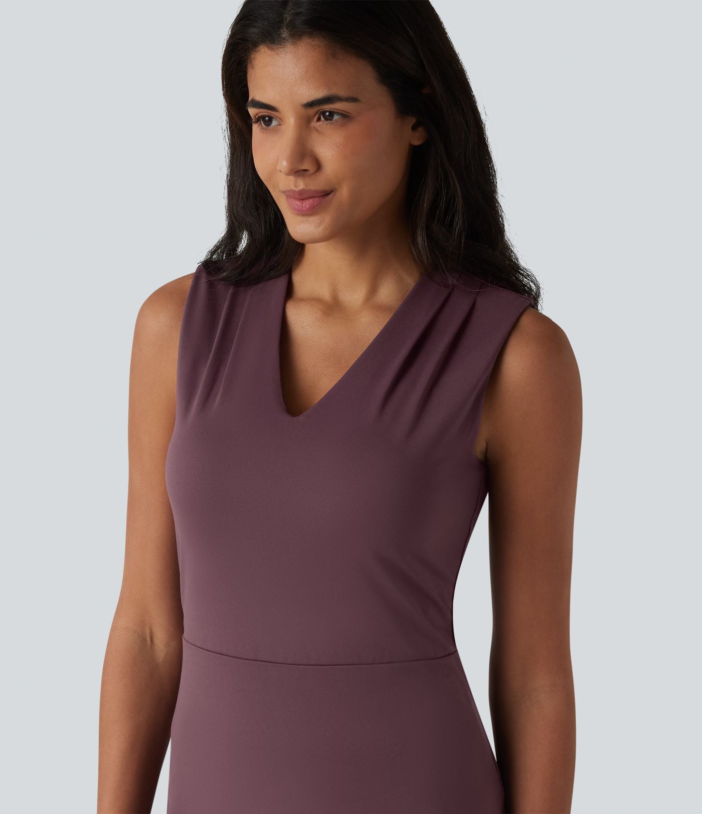Robe midi tailleur sans manches col V ventre plat avec gainant intégré