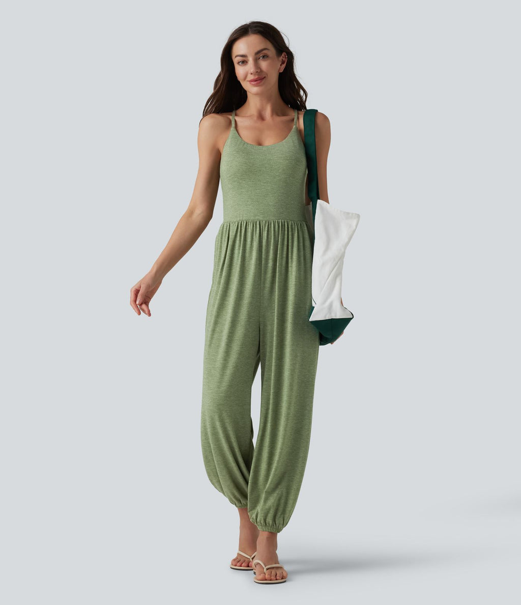 Combinaison décontractée chinée sans manches à dos croisé et soutien-gorge intégré, avec poches - Easy Peasy