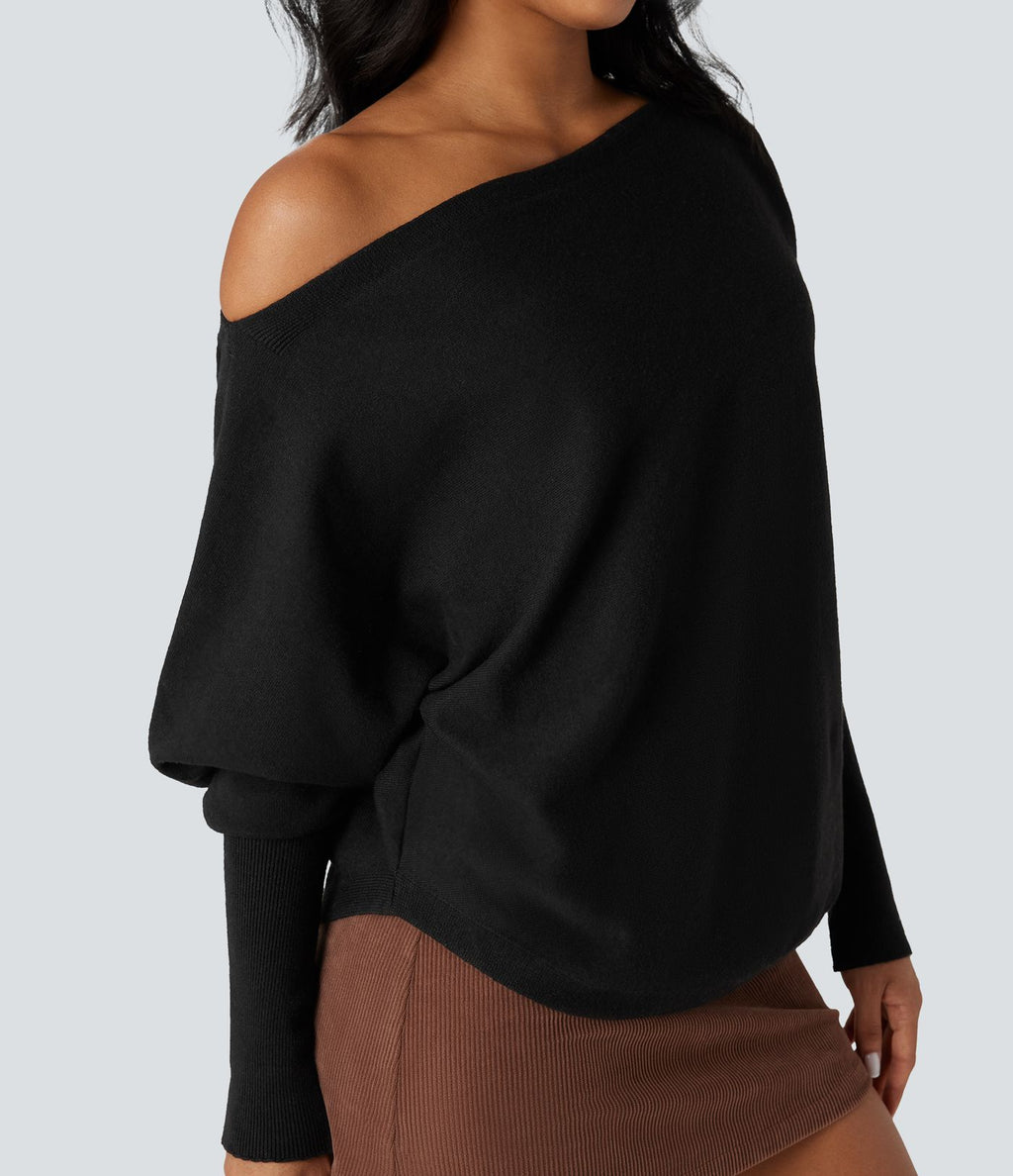 Pull une épaule manches chauve-souris ourlet arrondi