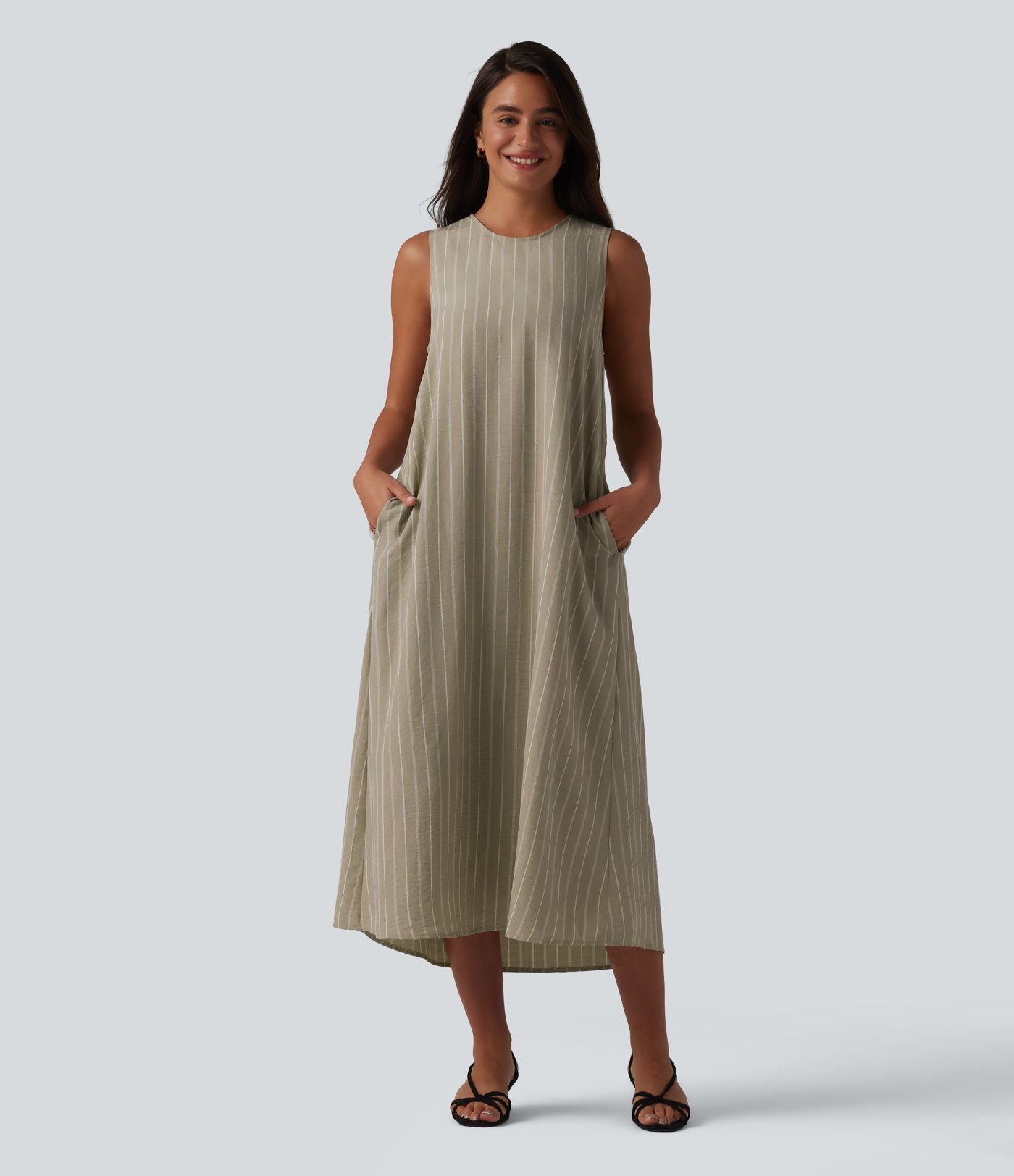 Robe décontractée midi col rond sans manches à rayures dos ajouré avec poches