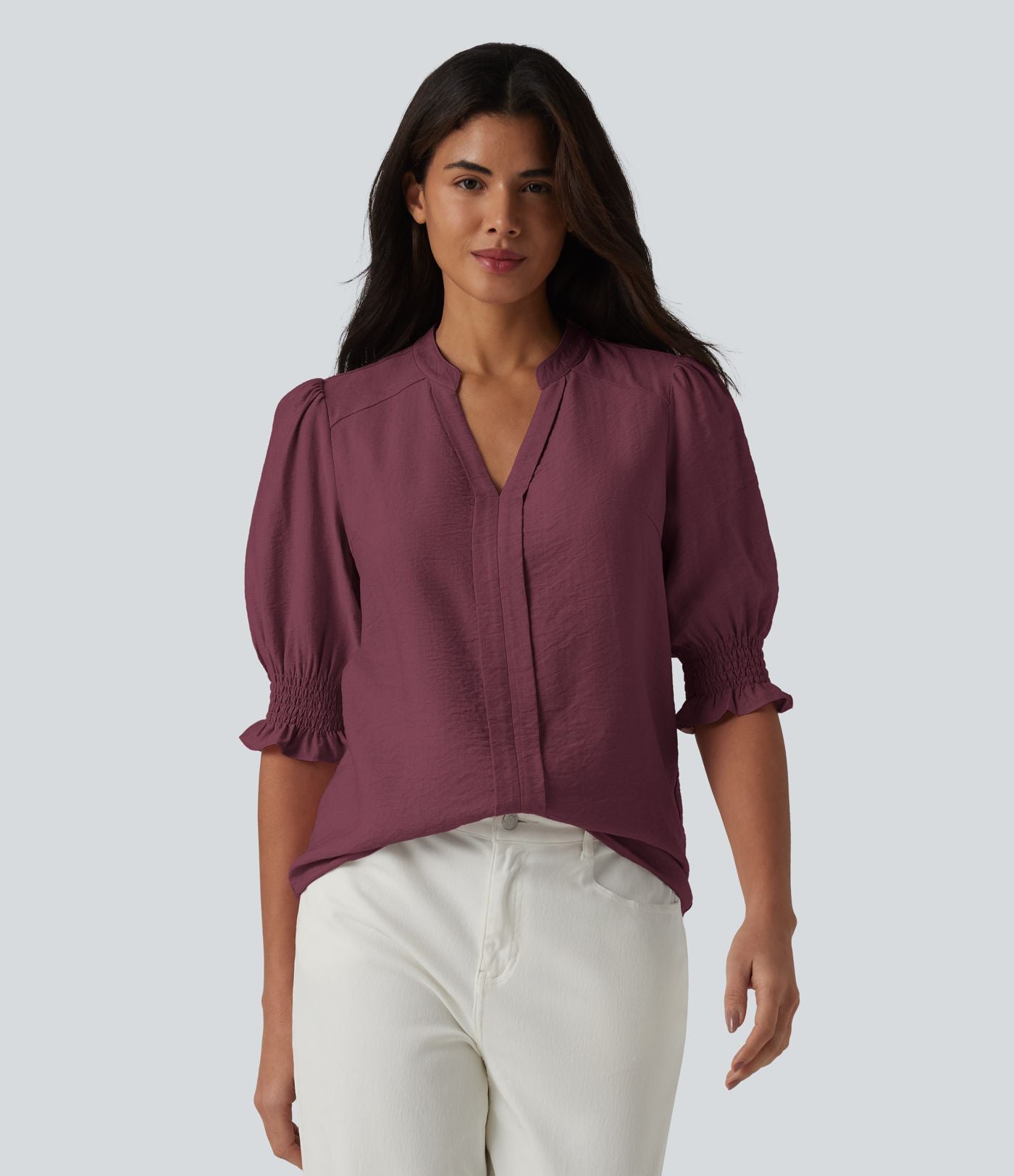 Blouse décontractée à col en V et manches courtes bouffantes