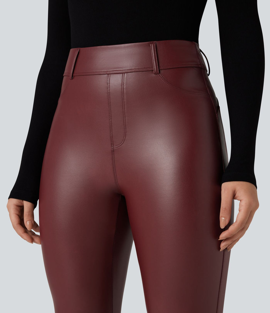 Pantalon polaire simili cuir extensible taille haute avec poches