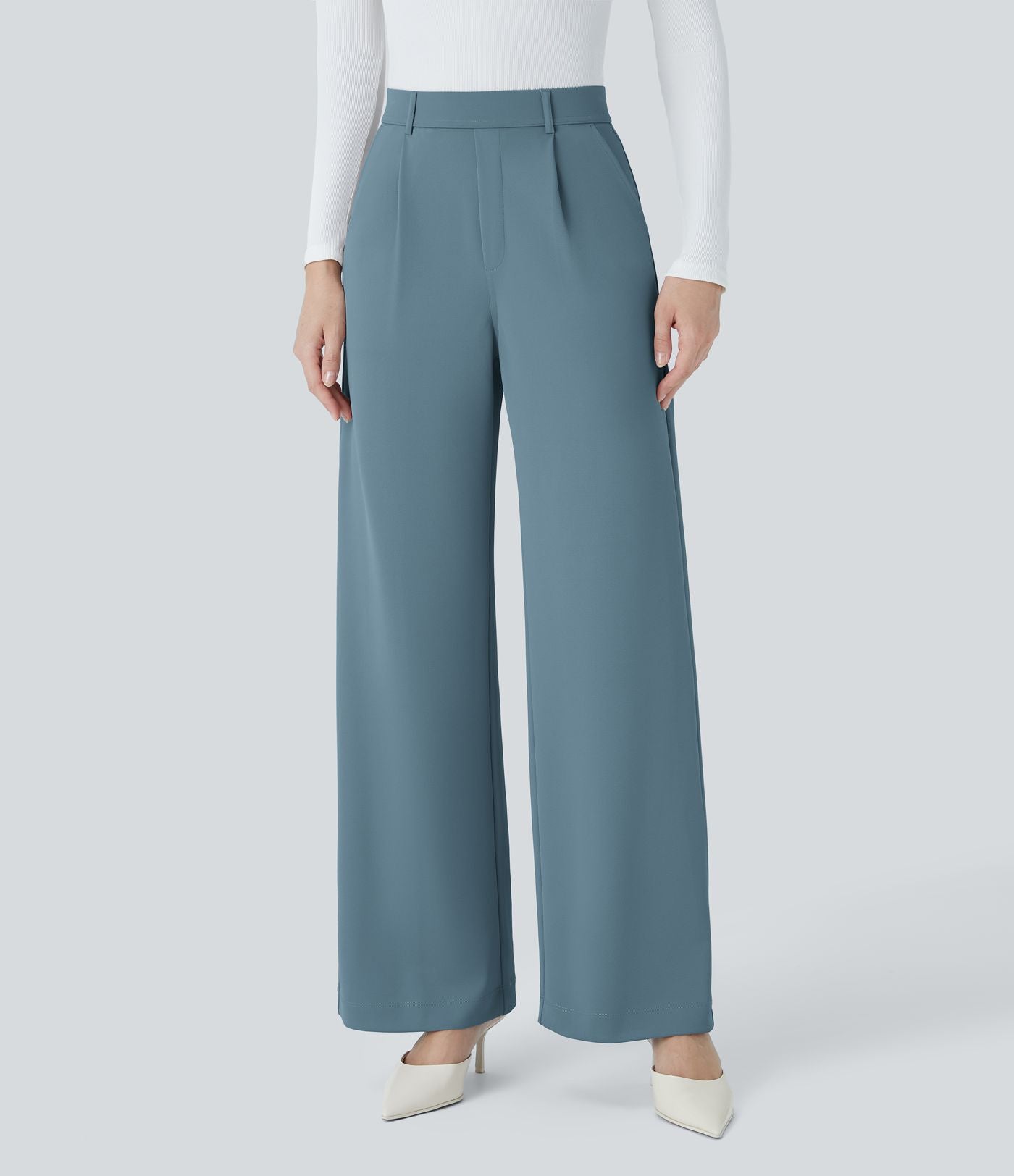 Halara Flex™ Pantalon Tailleur Droit à Taille Haute avec Pli Poches Latérales en Crêpe