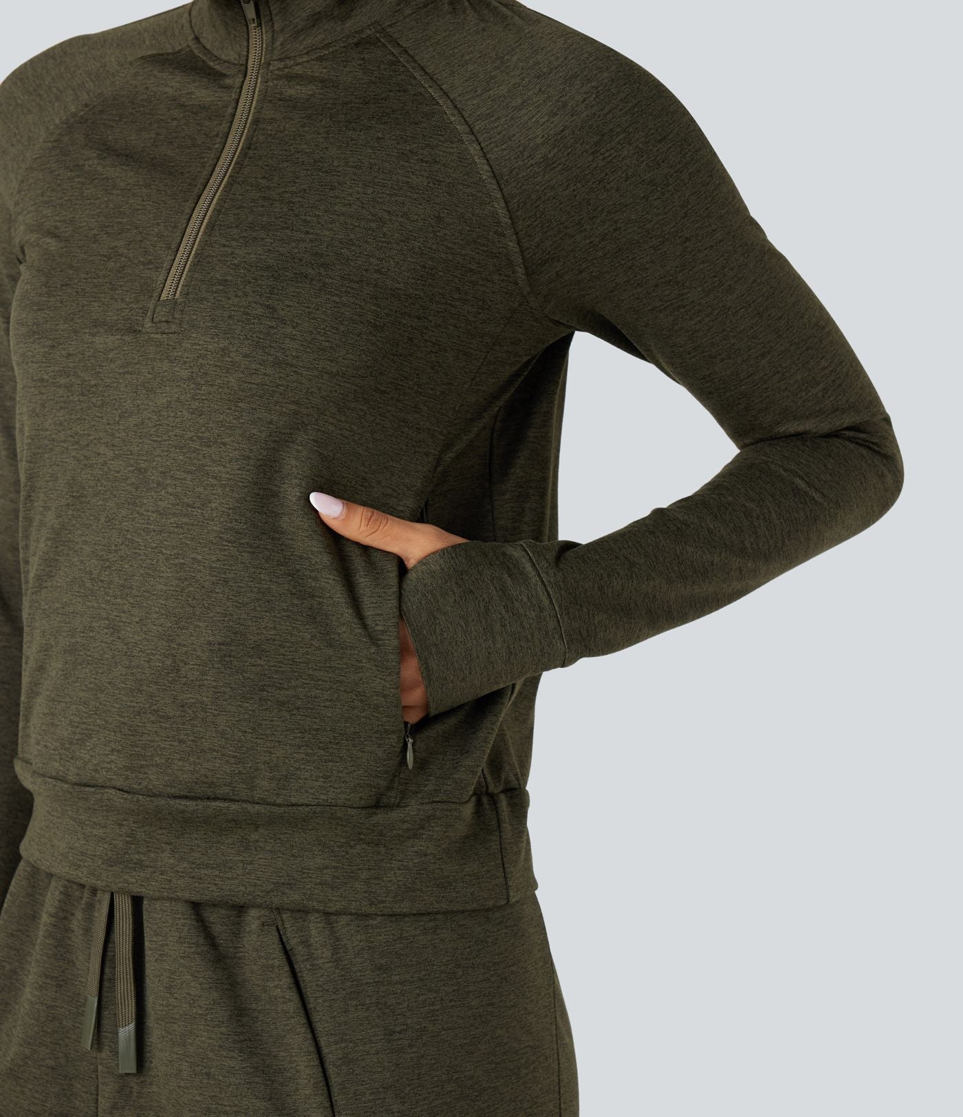Sweat-shirt polaire thermique chiné séchage rapide demi-zip avec trous pouces et poches - UPF40+