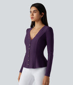 Blouse de travail à col V, dentelle contrastante, manches longues et ourlet à volants