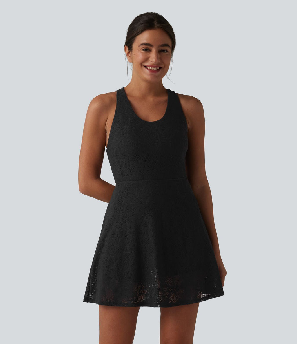 Robe de yoga évasée 2-en-1 SoftlyZero™ QuickDry avec soutien-gorge intégré, dentelle contrastée et poches - Édition Easy Peasy