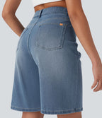 Bermuda en jean délavé Halara Flex™ taille haute à poches multiples