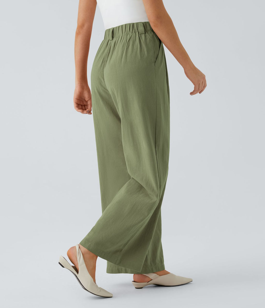Pantalon Fluide Large Taille Haute Poches Latérales Palazzo Solide Casual Linen-Feel