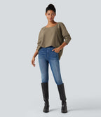 Top gaufré décontracté col échancré manches longues ourlet arrondi coupe décontractée