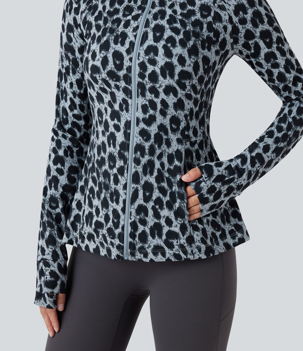 Veste décontractée Halara UltraSculpt™ imprimé léopard col montant manches longues avec trous pour pouces et poches